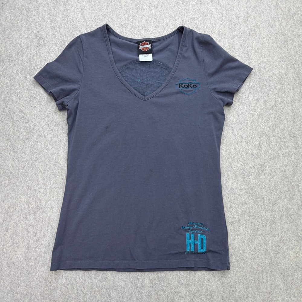 Harley-Davidson V-Neck T-Shirt Womens L Gray Biker Moto Y2K Grunge Embroidered